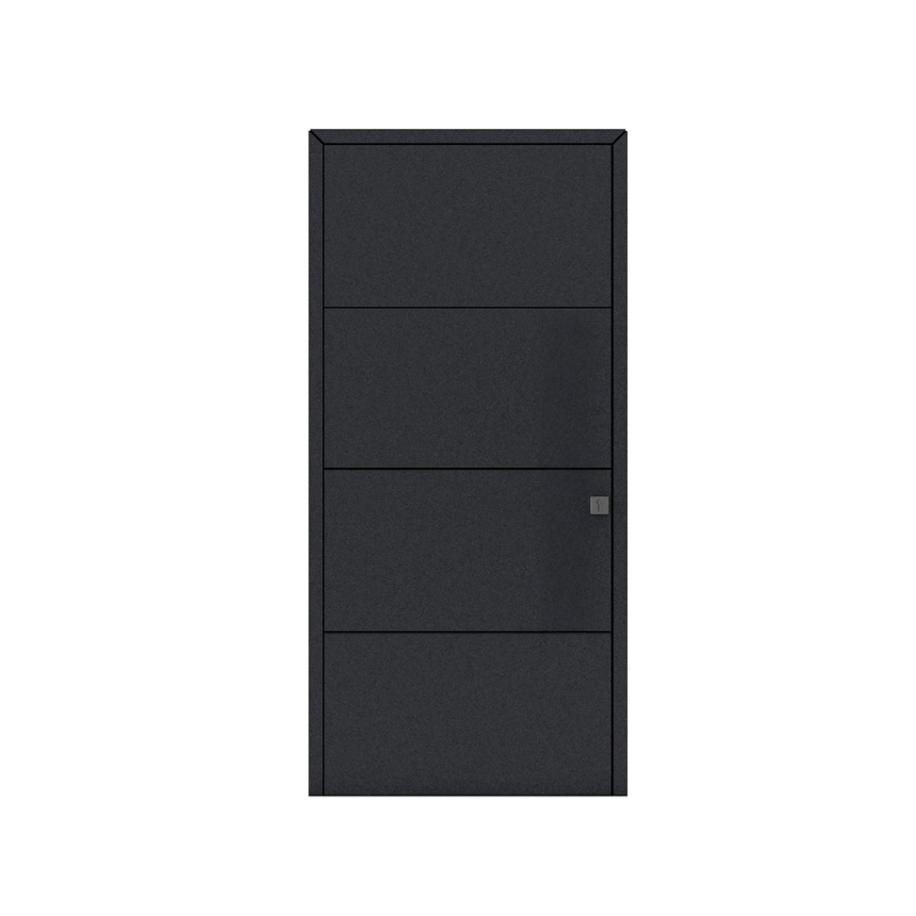 Porta de entrada modelo JHL 01 em alumínio, painel fresado com linhas horizontais, design contemporâneo e sofisticado com relevo e dinamismo.