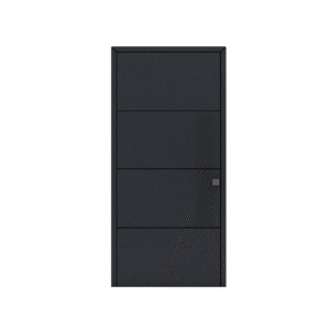 Porta de entrada modelo JHL 01 em alumínio, painel fresado com linhas horizontais, design contemporâneo e sofisticado com relevo e dinamismo.