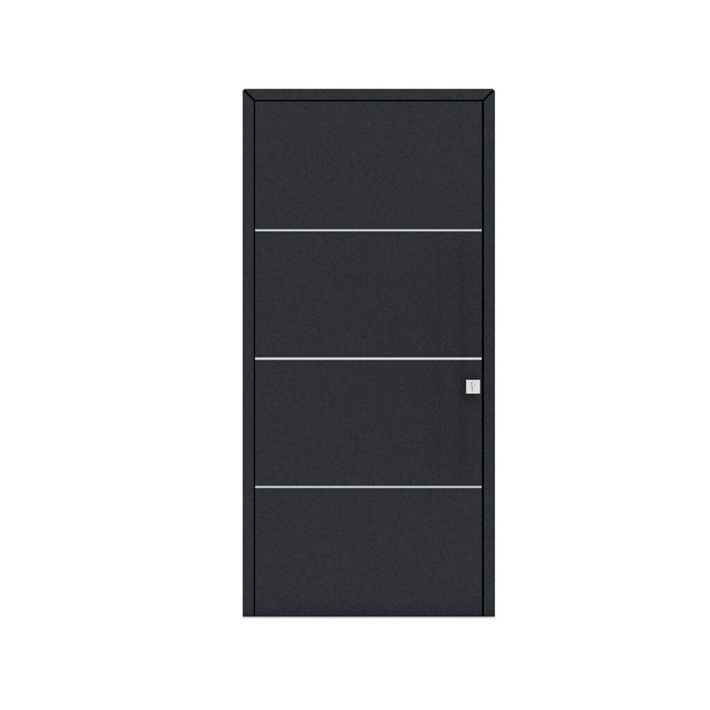 Porta de entrada modelo JHL 02 em alumínio, painel liso e minimalista com linhas horizontais em Aluinox, design moderno, elegante e sofisticado