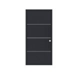 Porta de entrada modelo JHL 02 em alumínio, painel liso e minimalista com linhas horizontais em Aluinox, design moderno, elegante e sofisticado