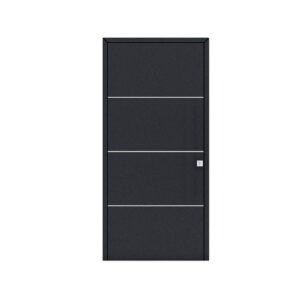 Porta de entrada modelo JHL 02 em alumínio, painel liso e minimalista com linhas horizontais em Aluinox, design moderno, elegante e sofisticado