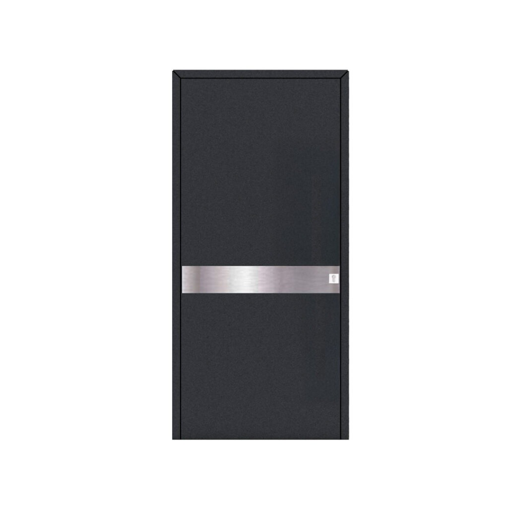 "Porta de entrada em alumínio JHL 36 com painel liso e barra em aço inoxidável, design moderno e elegante.