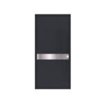 "Porta de entrada em alumínio JHL 36 com painel liso e barra em aço inoxidável, design moderno e elegante.
