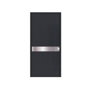 "Porta de entrada em alumínio JHL 36 com painel liso e barra em aço inoxidável, design moderno e elegante.