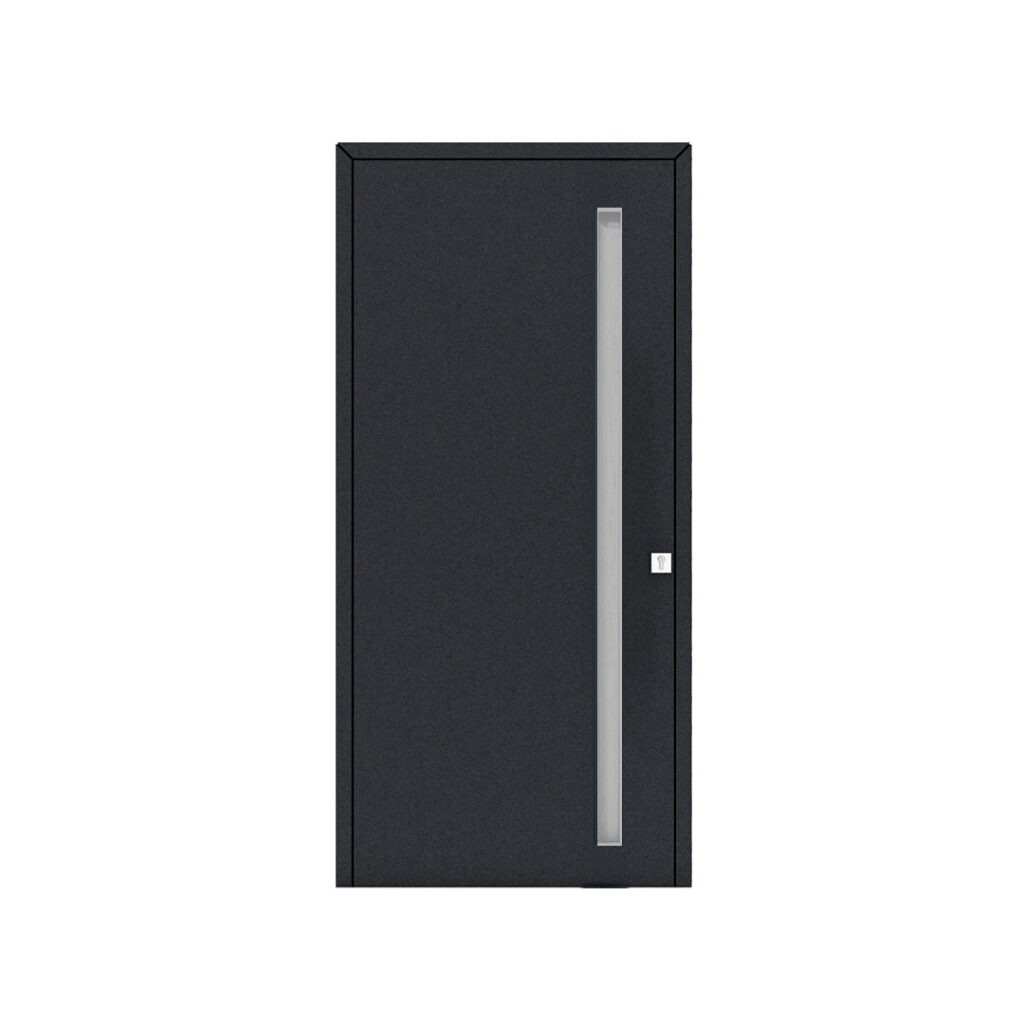 Porta de entrada modelo JLM 58 em alumínio com puxador embutido, design minimalista e uniforme, combinando estética moderna e ergonomia