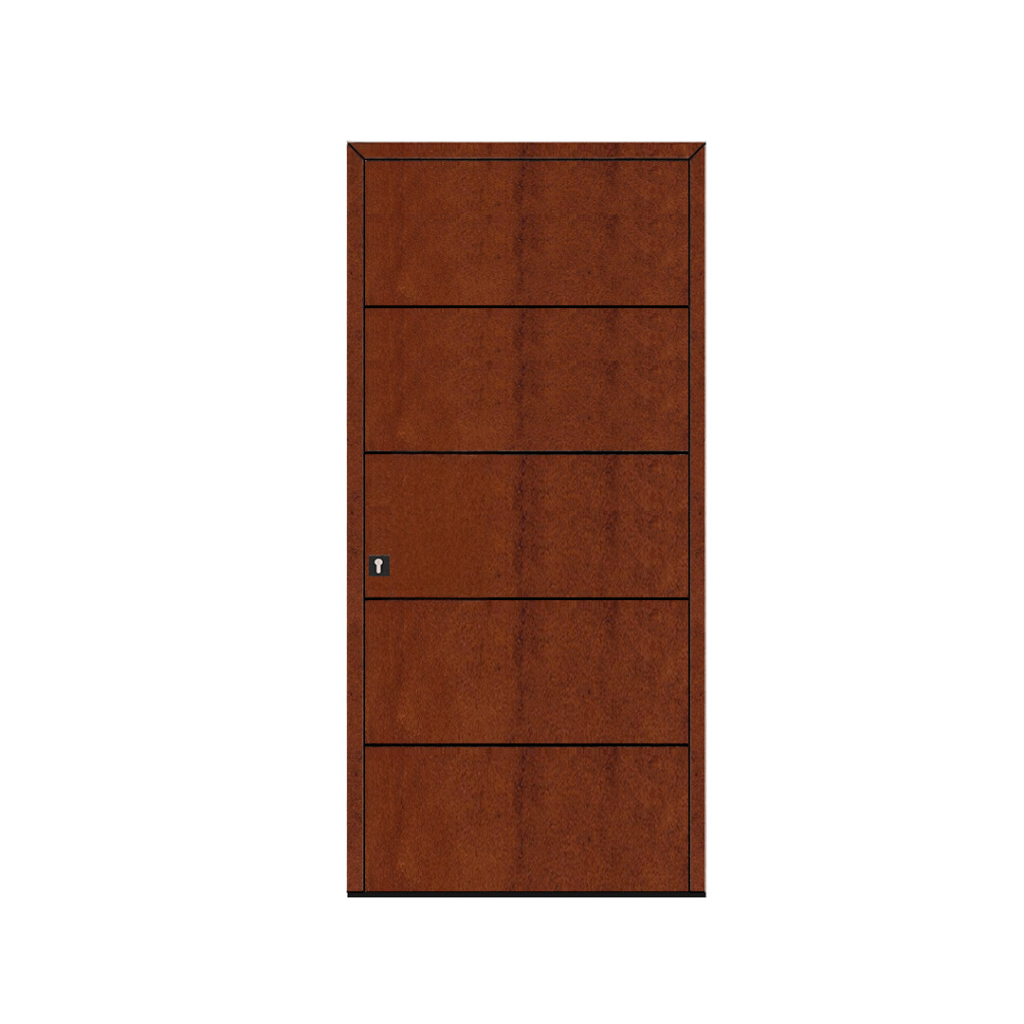 Porta de entrada modelo JPH Corten em alumínio com painel fenólico horizontal efeito aço corten, design contemporâneo com ritmo, movimento e tonalidade ferruginosa sofisticada