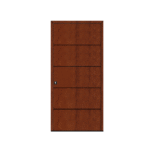 Porta de entrada modelo JPH Corten em alumínio com painel fenólico horizontal efeito aço corten, design contemporâneo com ritmo, movimento e tonalidade ferruginosa sofisticada