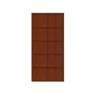 Porta de entrada modelo JPH Corten em alumínio com painel fenólico horizontal efeito aço corten, design contemporâneo com ritmo, movimento e tonalidade ferruginosa sofisticada
