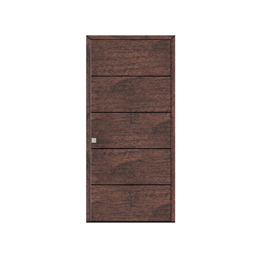 Porta de entrada modelo JPH NW05 em alumínio com painel fenólico horizontal, acabamento Loft Brown, design moderno com textura, movimento visual e superfície uniforme.