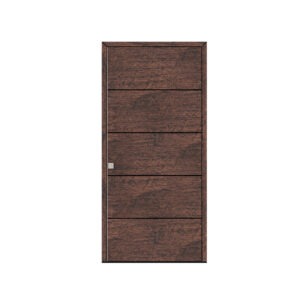Porta de entrada modelo JPH NW05 em alumínio com painel fenólico horizontal, acabamento Loft Brown, design moderno com textura, movimento visual e superfície uniforme.