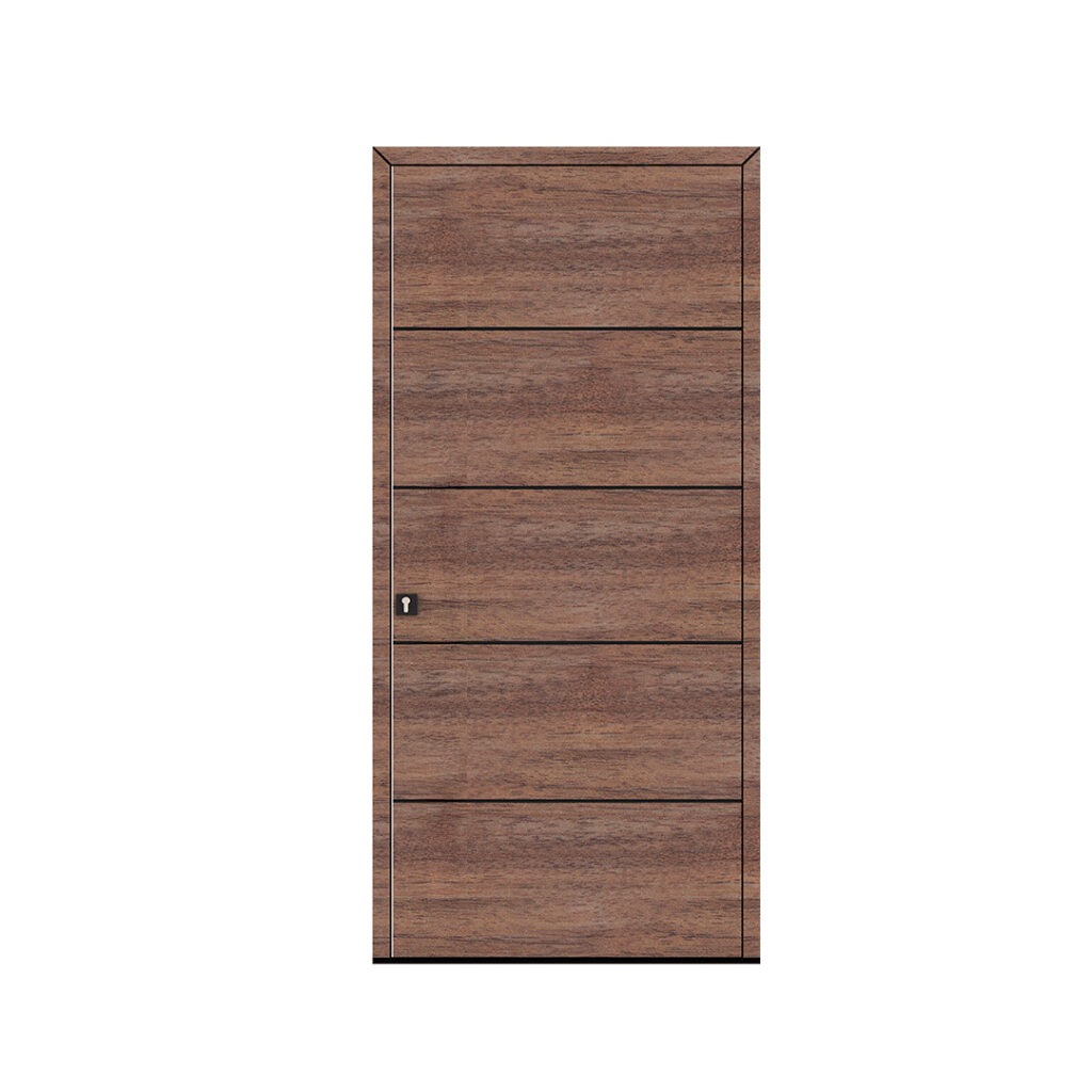 Porta de entrada modelo JPH NW14 em alumínio com painel fenólico horizontal, acabamento estilo carvalho francês, design sofisticado e moderno com estrutura e movimento.