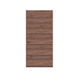 Porta de entrada modelo JPH NW14 em alumínio com painel fenólico horizontal, acabamento estilo carvalho francês, design sofisticado e moderno com estrutura e movimento.