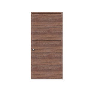 Porta de entrada modelo JPH NW14 em alumínio com painel fenólico horizontal, acabamento estilo carvalho francês, design sofisticado e moderno com estrutura e movimento.