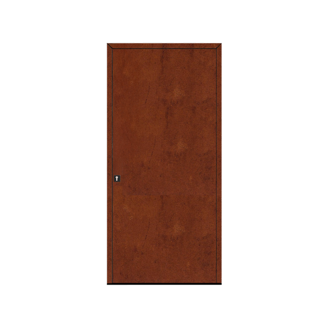 Porta de entrada modelo JPV Corten em alumínio com painel fenólico vertical e acabamento efeito metal oxidado, design contemporâneo e elemento arquitetónico distintivo.