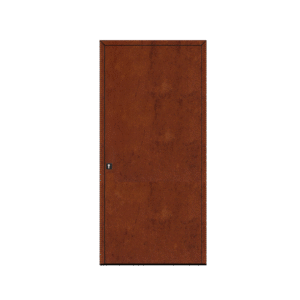 Porta de entrada modelo JPV Corten em alumínio com painel fenólico vertical e acabamento efeito metal oxidado, design contemporâneo e elemento arquitetónico distintivo.