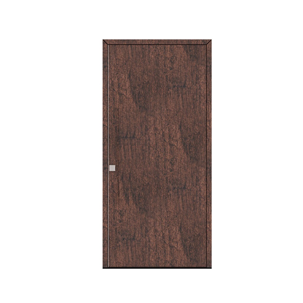 Porta de entrada modelo JPV NW05 em alumínio com painel fenólico vertical e acabamento Loft Brown, design moderno, sofisticado e com detalhes distintivos.