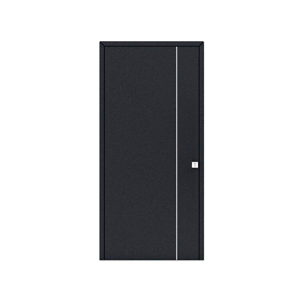 Porta de entrada modelo JVL 07 em alumínio com painel liso e linha vertical em Aluinox, design contemporâneo com detalhe diferenciador
