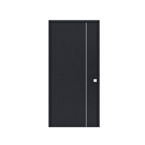 Porta de entrada modelo JVL 07 em alumínio com painel liso e linha vertical em Aluinox, design contemporâneo com detalhe diferenciador