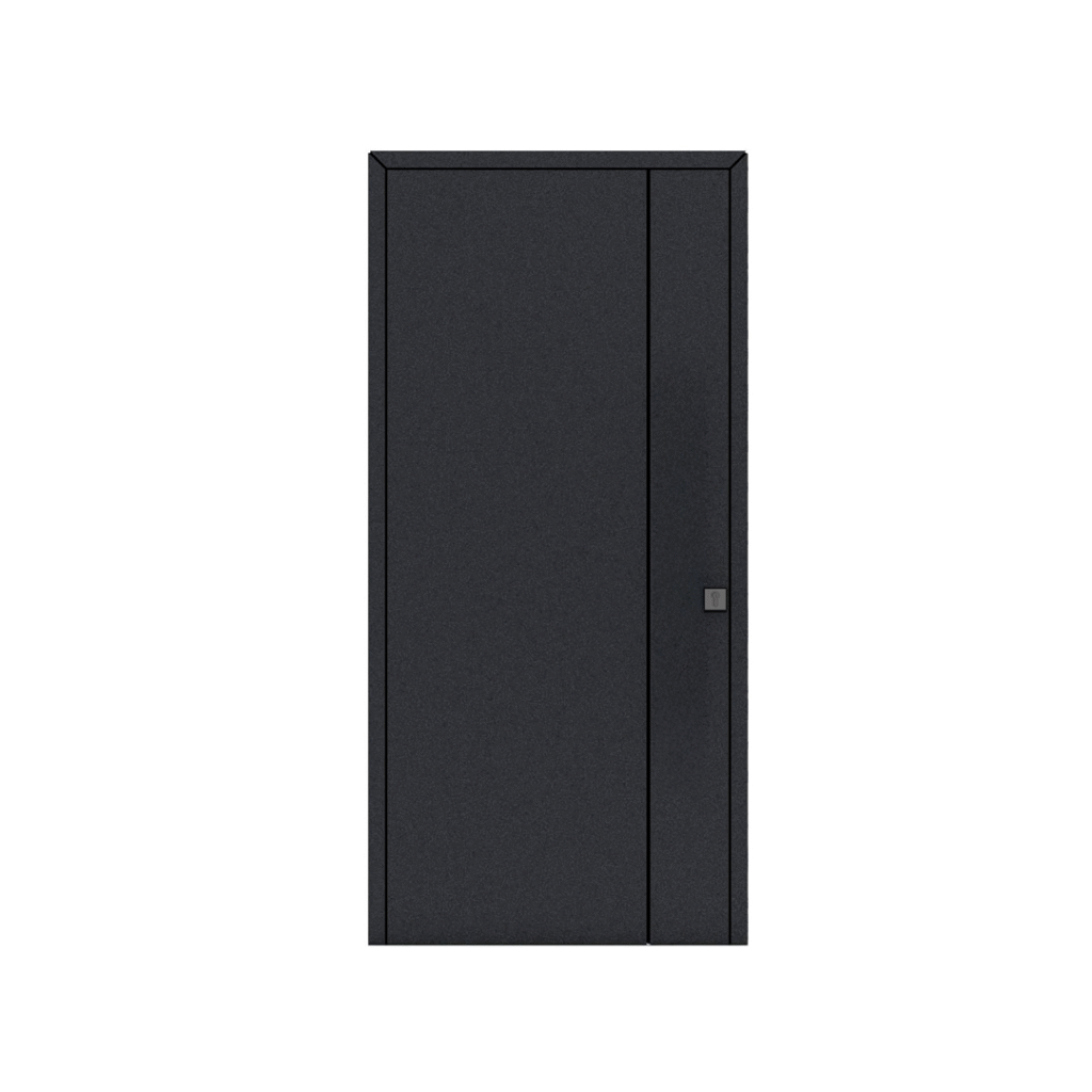 Porta de entrada modelo JVL 08 em alumínio com painel liso e ranhura vertical fresada, design moderno e sofisticado com detalhe diferenciador.