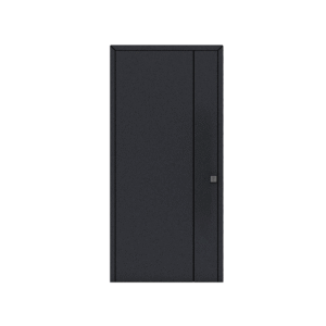 Porta de entrada modelo JVL 08 em alumínio com painel liso e ranhura vertical fresada, design moderno e sofisticado com detalhe diferenciador.