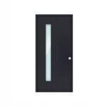 Porta de entrada modelo JVL29 em alumínio com painel liso e vidro opaco integrado, design contemporâneo com detalhe distintivo, luminosidade e sofisticação