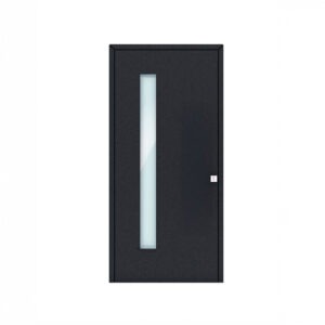 Porta de entrada modelo JVL29 em alumínio com painel liso e vidro opaco integrado, design contemporâneo com detalhe distintivo, luminosidade e sofisticação