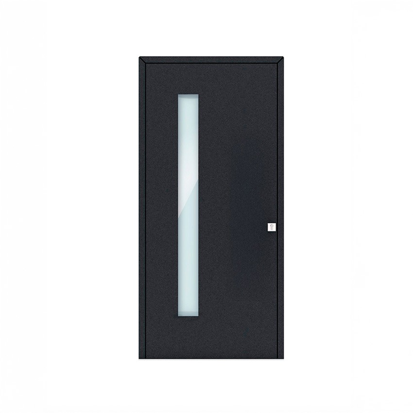 Porta de entrada modelo JVL29 em alumínio com painel liso e vidro opaco integrado, design contemporâneo com detalhe distintivo, luminosidade e sofisticação