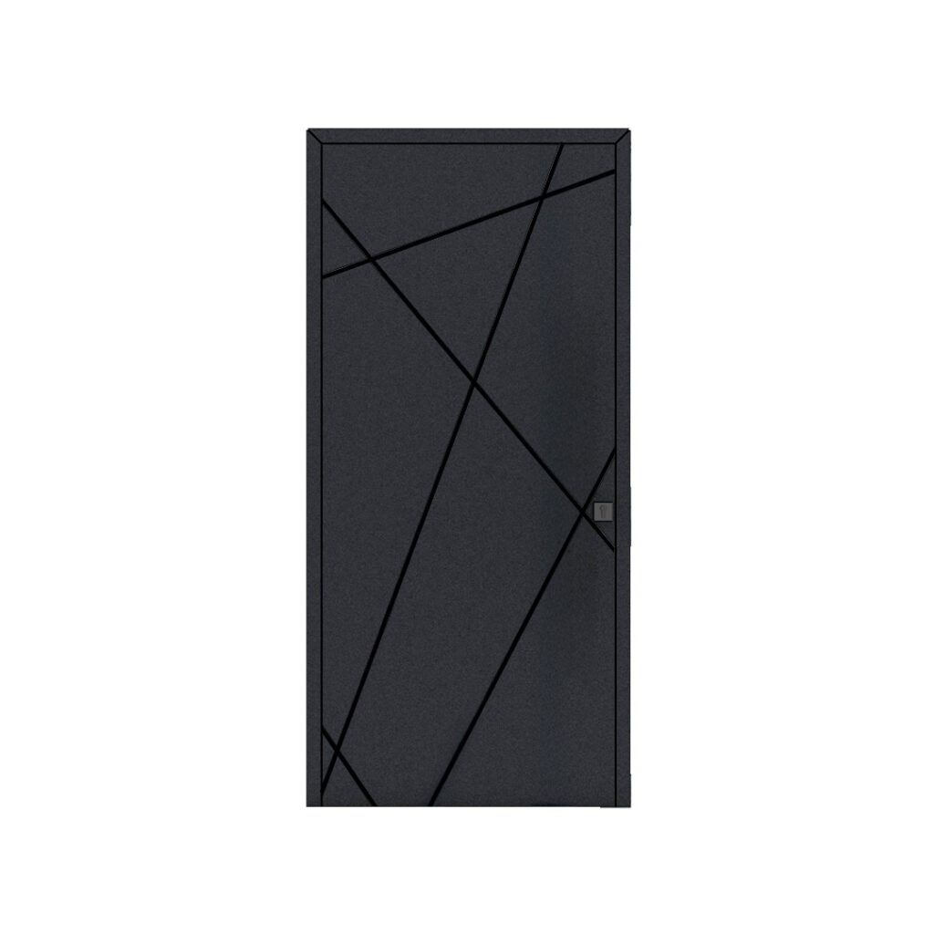 Porta de entrada modelo GEOMETRIC em alumínio com painel ranhurado de linhas diagonais, design arrojado e contemporâneo, trazendo movimento e personalidade à fachada