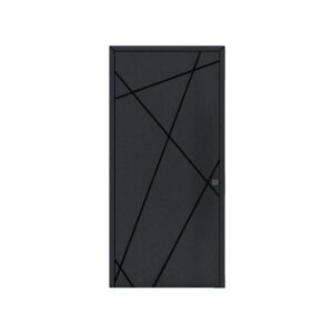 Porta de entrada modelo GEOMETRIC em alumínio com painel ranhurado de linhas diagonais, design arrojado e contemporâneo, trazendo movimento e personalidade à fachada